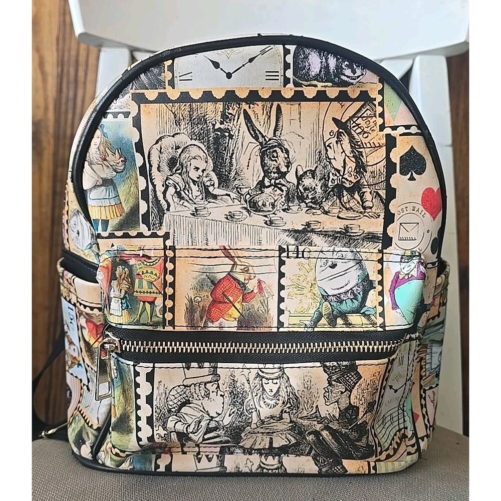 Alice in Wonderland Vegan Leather Mini Backpack Purse: Vintage Stamp Design